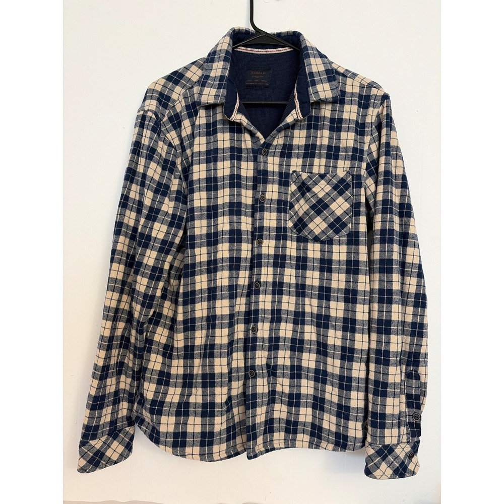 Nomad Waffle Flannel Lined Shirt Mens‎ Size L Navy Taupe Plaid Button Down